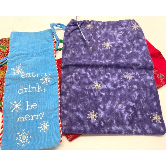 Lot of 5 Fabric Gift Bags Sacks Christmas Winter Patterns Drawstring - Picture 8 of 12